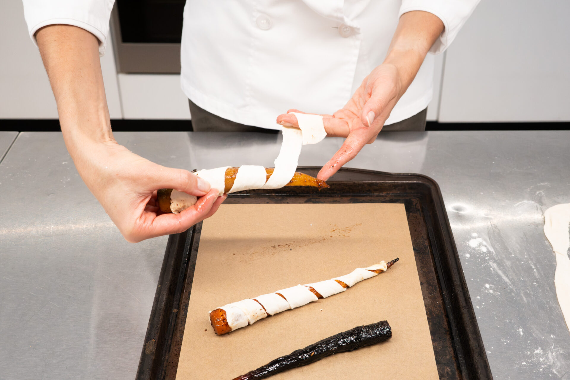 Wrap the puff pastry around the carrots